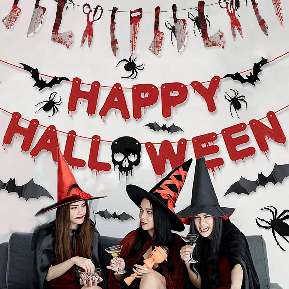 Halloween Banner & Bloody Butcher Knife Paper Garland Set – Happy Halloween Sign & Killer Tools Garland for Haunted House & Party Decor
