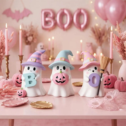 Halloween Ghost & Pink Pumpkin Resin Figurine Set – 3-Pack Cute Spooky Statues for Shelf, Mantel, Desk & Tabletop Decor