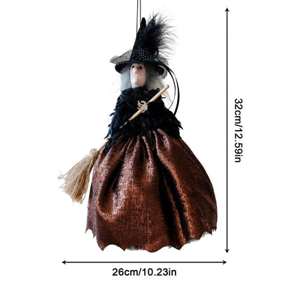 Halloween Witch Doll Hanging Ornament & Tree Topper – Retro Fabric Witch with Hat & Broom for Home, Party & Haunted House Decor – Champagne, Red or Brown