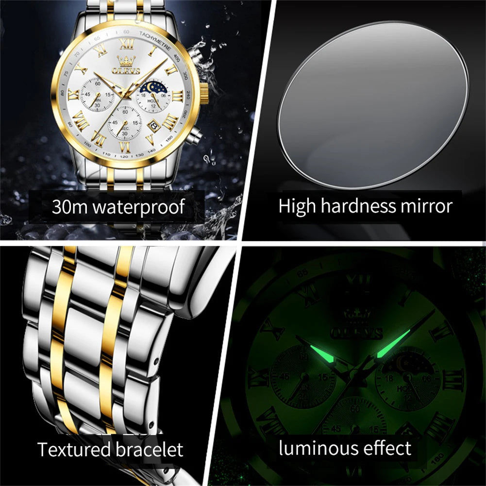 OLEVS 5529 Men's Chronograph Watch, Steel Bracelet Version - 41mm Moon Phase Dial, Auto Date, Luminous Hands, 30m Water Resistant