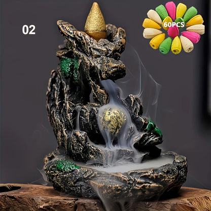 Backflow Incense Burner Waterfall Fountain – Mountain River Resin Censer with 60 Backflow Cones