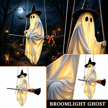 Hanging Ghost Broom Halloween Decoration with Light Options