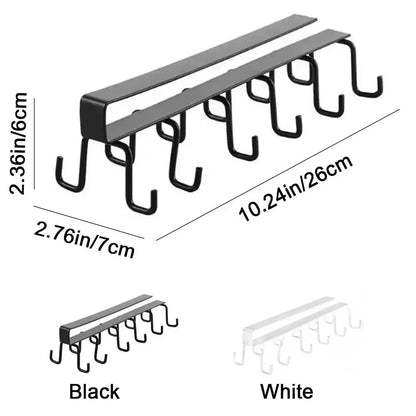 12-Hook Iron Under-Cabinet Mug Rack - Punch-Free Double-Row Cup & Mug Holder, Traceless Storage (Black / White)