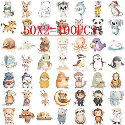 50/100PCS Cartoon Healing Animal Graffiti Stationery Notebook Stickers Decorative Guitar Luggage DIY Waterproof Stickers