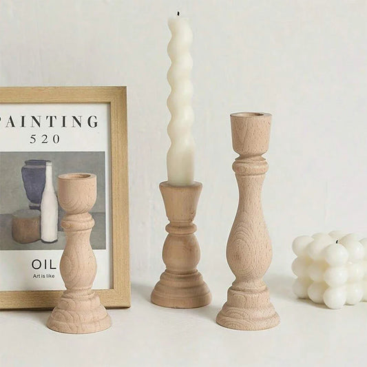 Handcrafted Unfinished Wooden Pillar Candle Holder Rustic Candlestick for Home Decor