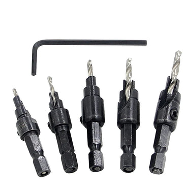 5pc Hex Shank Countersink & Taper Drill Bit Set for Wood (56–69mm) – Screw Hole Opener & Reamer