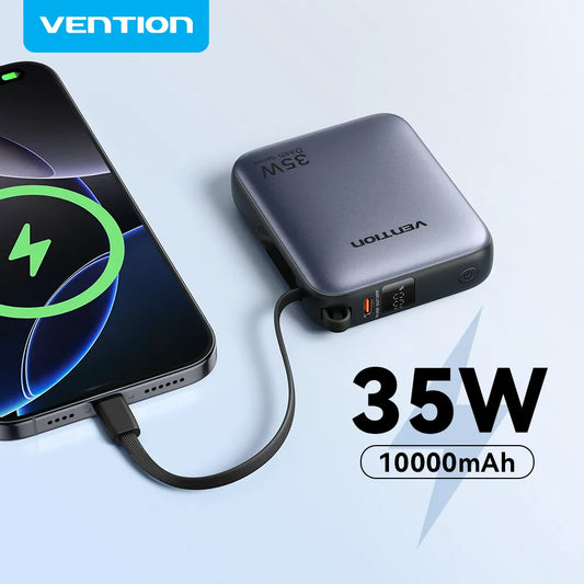 35W 10000mAh Mini Power Bank PD Fast Charge with Built-in USB-C Cable, LED Display, Dual-Port Portable Charger