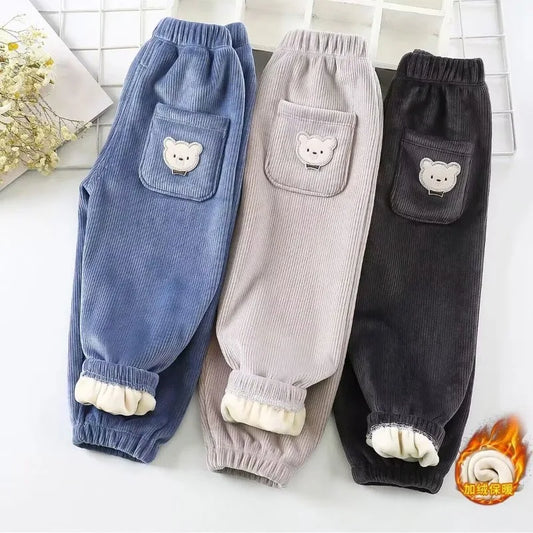 Kids Fleece-Lined Corduroy Harem Pants – Warm Autumn Winter Unisex Bear Print Casual Trousers