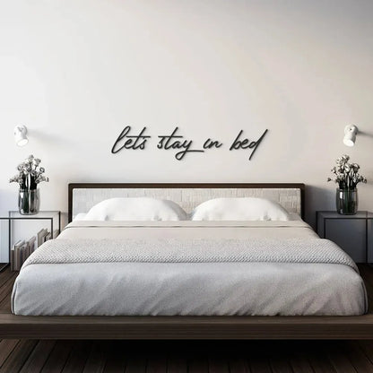 12x8 Inch "Let's Stay in Bed" Metal Wall Sign - Rustic Industrial Decor with Distressed Finish, Cozy Home Quote Art for Bedroom