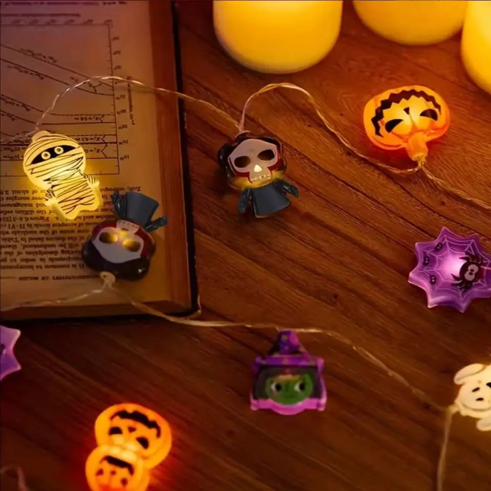 1PC Halloween 10/20 LED Battery Powered String Lights With Ghost Witch Cat Pumpkin Spider Web Skeleton Mummy Pirate Shape Indoor