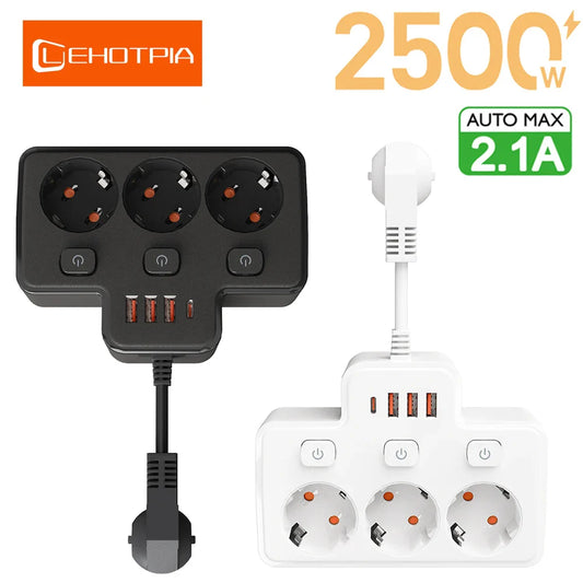 EU Wall-Mounted Power Strip — 3 AC Outlets + 4 USB Ports, Independent Switches, 0.5 m (20 in) Cord