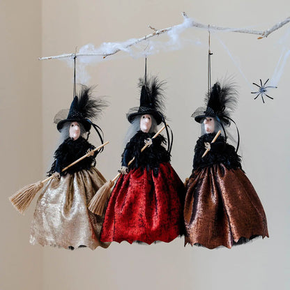 Halloween Witch Doll Hanging Ornament & Tree Topper – Retro Fabric Witch with Hat & Broom for Home, Party & Haunted House Decor – Champagne, Red or Brown