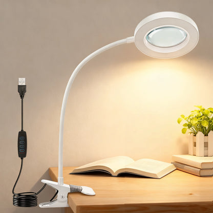 USB Clip-On Magnifying Desk Lamp, 5x Lens, Dimmable LED