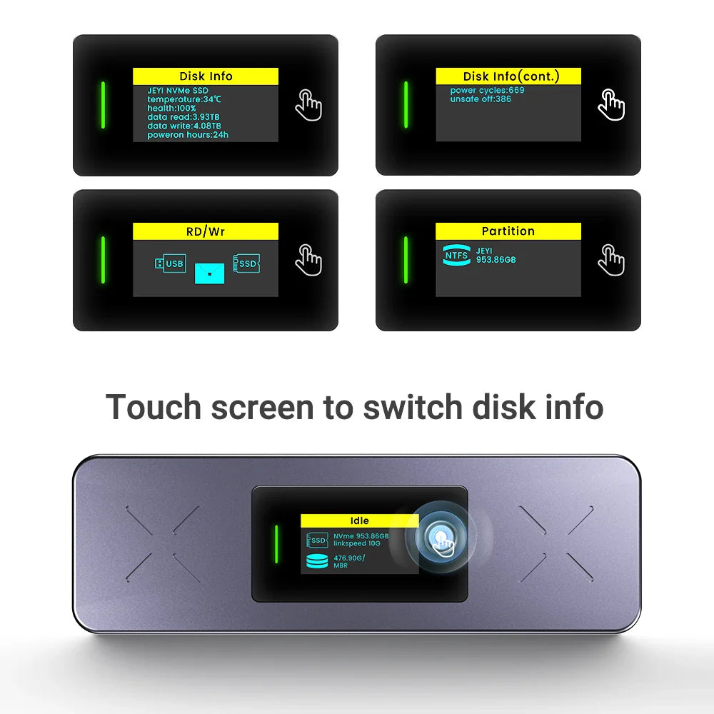 M.2 NVMe & SATA SSD Enclosure with Display — USB 3.2 Gen 2 10Gbps, Hot-Swap