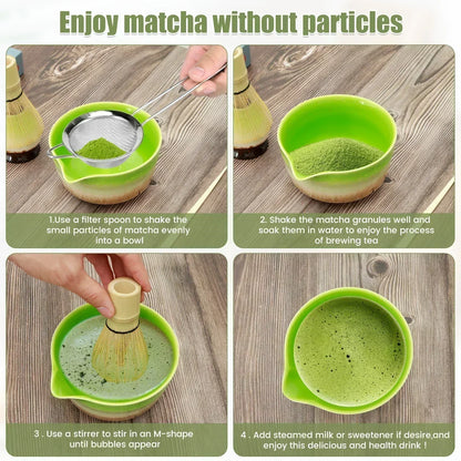 4Pcs Matcha Whisk Set Handmade Bamboo Matcha Whisk Traditional Tea Scoop Deep Scoop Tea Strainer Clear Whisk Storage Holder