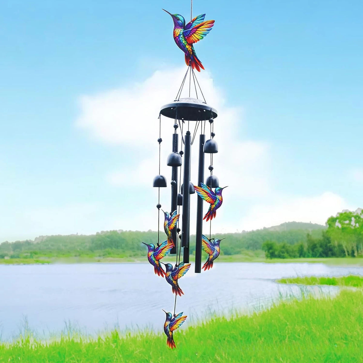 Hummingbird & Cardinal Metal Wind Chimes – Colorful Outdoor Garden Decor, ~37" with Aluminum Tubes & Bells