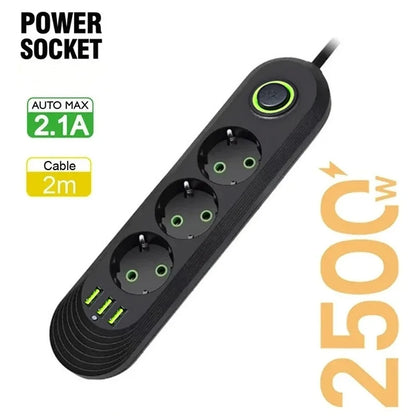 EU Plug 2m (6.6ft) 2500W Power Strip 3 EU Sockets 3 USB Fast Charging Surge Protector with On/Off Switch