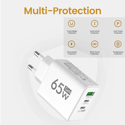 GaN 65W Fast USB-C PD Charger 2x USB-C + USB-A Quick Charge Wall Adapter EU/KR Plug