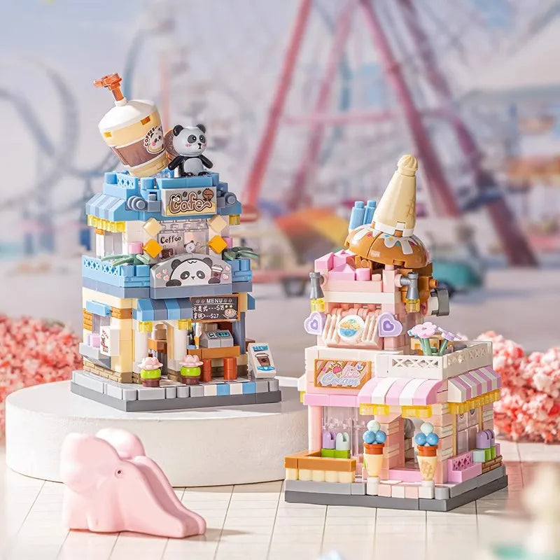 NEW Panda Pet Coffee Ice Cream Flower Shop Store Street View Food House Building Blocks Kit Girls Bricks Model Kids Toy Children