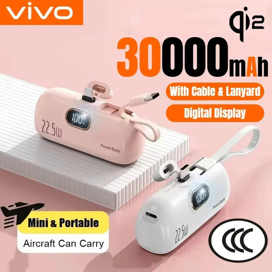 30,000mAh Mini Capsule Power Bank – Portable Fast Charger with Wireless Charging, Dual USB, Type-C & Lightning