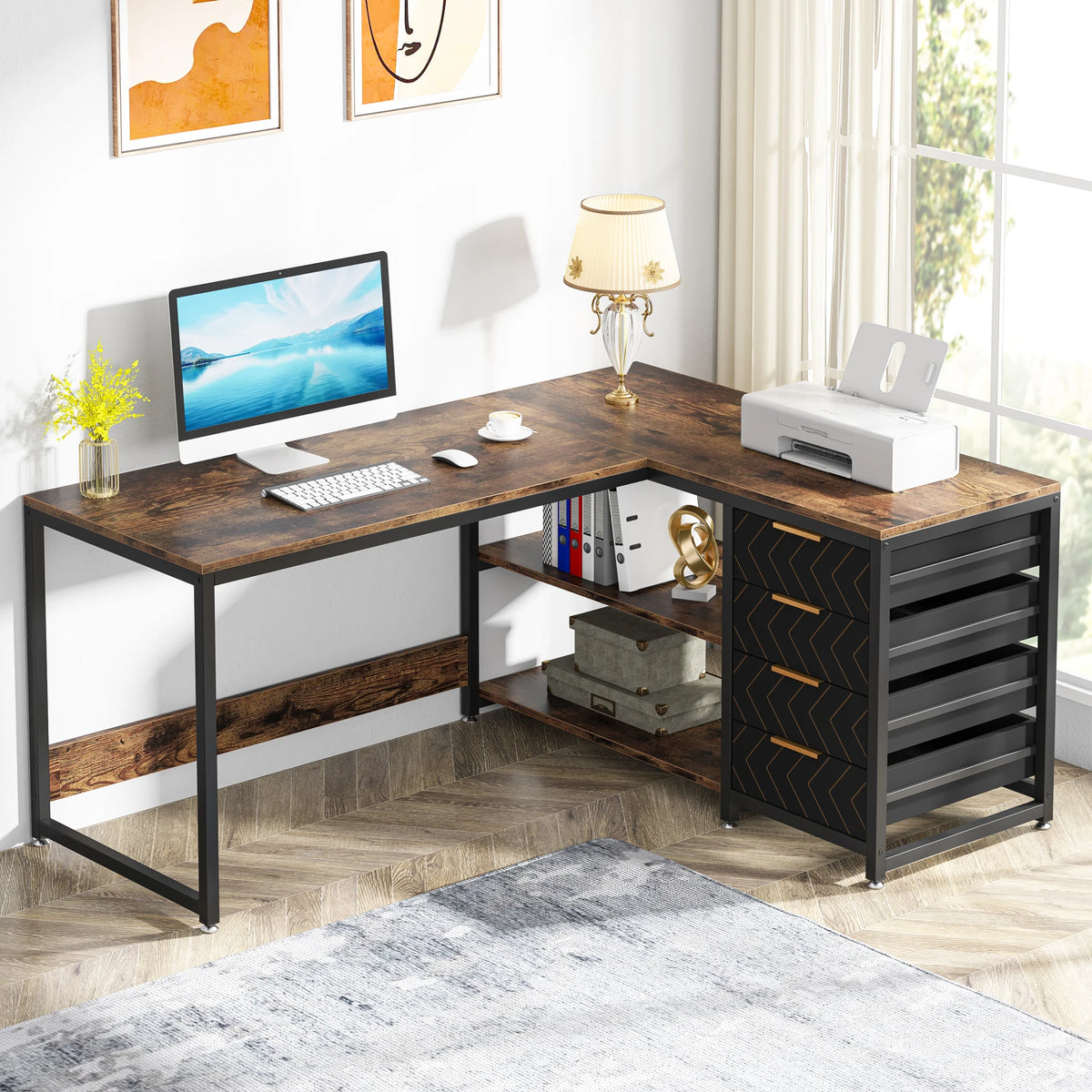 Tribesigns 59" L-Shaped Corner Desk - 4 Drawers, 2-Tier Open Shelf, Reversible, E1 Particle Board, Metal Frame, Adjustable Feet, 1-Year Warranty - Dark Gray / Chocolate / White