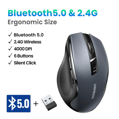 Wireless Bluetooth 5.0 Mouse — Ergonomic Silent 4000 DPI Dual Mode (2.4GHz) 6-Button for Laptop, MacBook, Tablet, PC