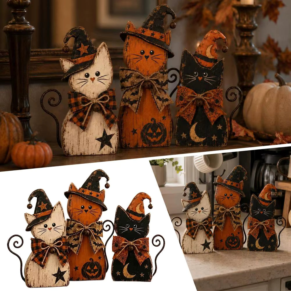 Halloween Wooden Cat Ornament Set, White, Orange and Black