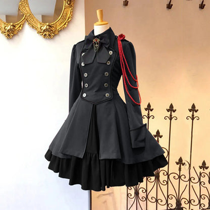 MAIGSWHOO Plus Size Gothic Lolita A-Line Princess Dress – Bow Collar, Trumpet Sleeve, Lace-Up Ruffles, Medieval Retro Style, S–5XL