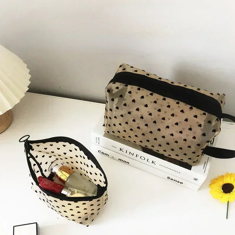 Heart-Shaped Mesh Cosmetic Bag - Zipper Toiletry Makeup Pouch for Women, Coin & Lipstick Organizer