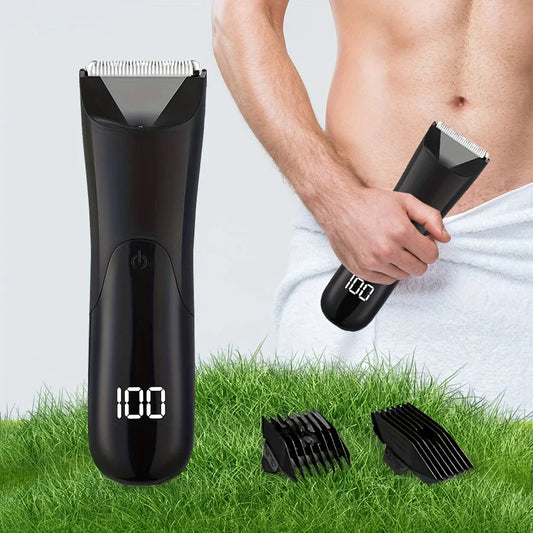 Men's Groin & Body Hair Trimmer Electric Wet and Dry Shaver with Stainless Steel Blade and 2 Guard Combs