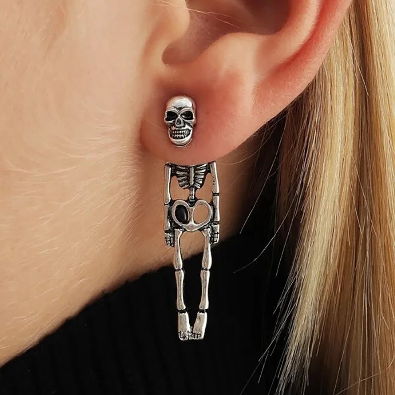 Halloween Skull Skeleton Dangle Earrings for Women – Neo-Gothic Punk Drop Earrings, Antique Silver Zinc Alloy, Detachable – 1 Pair