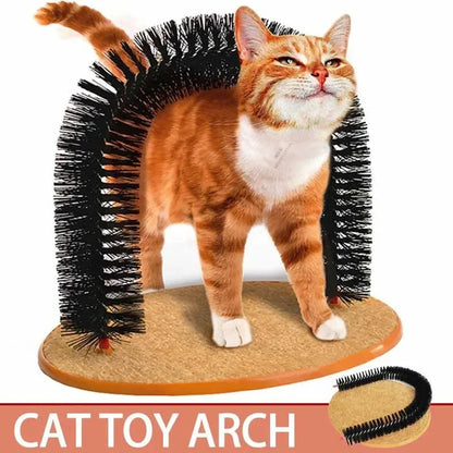 Self-Grooming Cat Arch with Massage Brush and Scratching Pad, Interactive Cat Toy