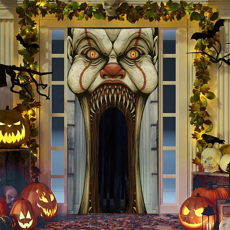 Printed Door Curtain Hanging Decoration – Halloween Ghost & Pumpkin, Christmas Reindeer – Polyester Party Entrance Ornament, 91×203cm, 4 Designs