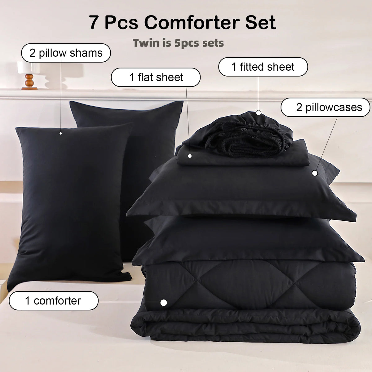 easYum Brushed Polyester Bedding Set - 7-Piece Quilted Comforter Set with Duvet Covers, Bed Sheet & Pillowcases, Twin/Full/Queen/King