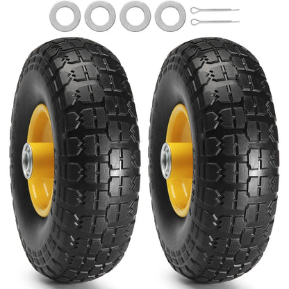 Two black tires with yellow wheels on a white background