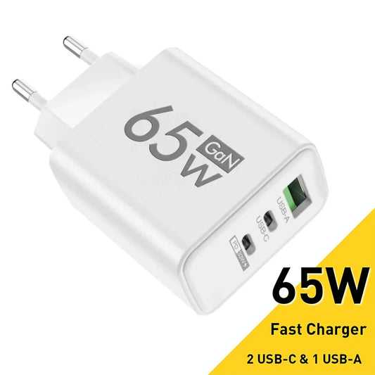 GaN 65W Fast USB-C PD Charger 2x USB-C + USB-A Quick Charge Wall Adapter EU/KR Plug