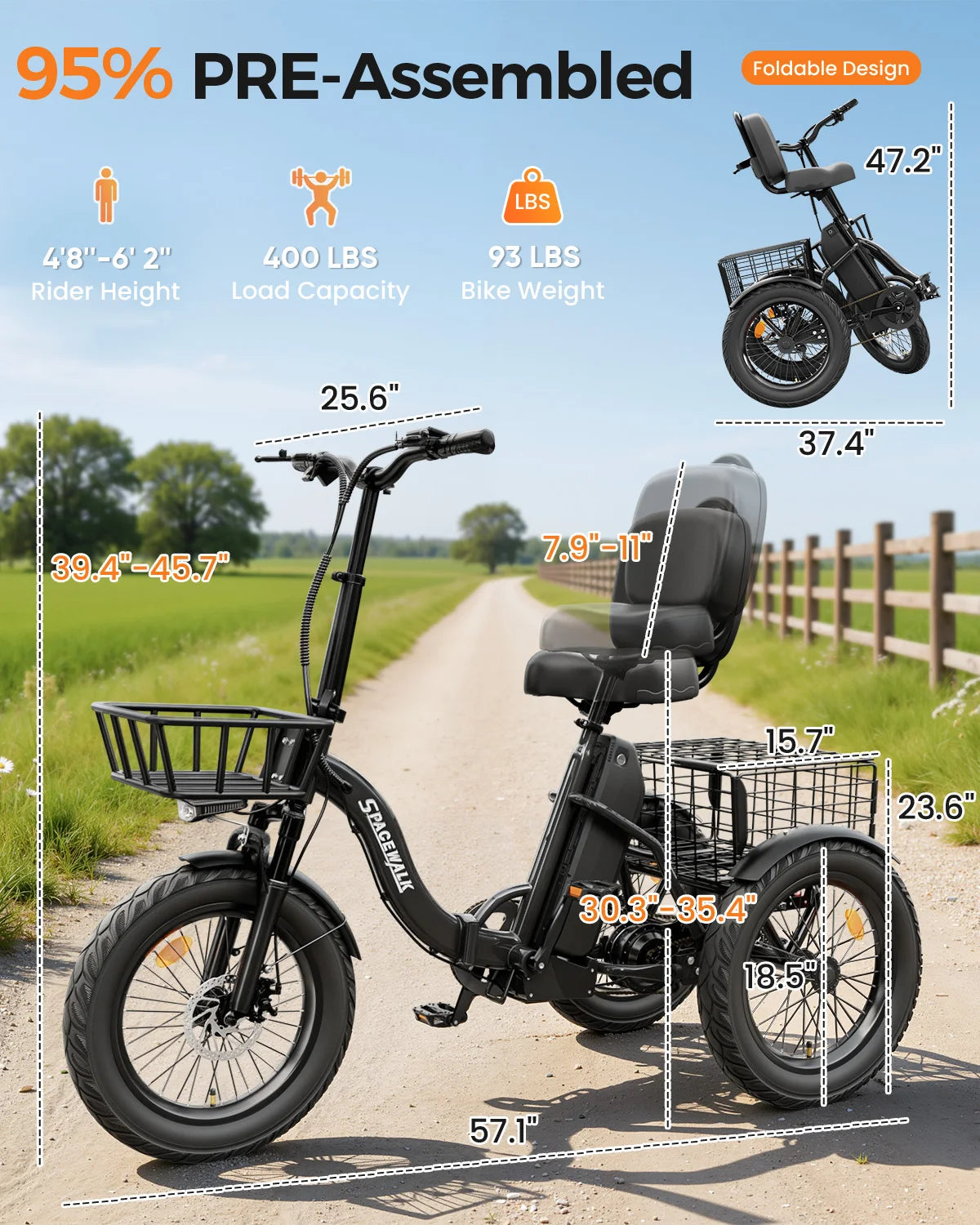 EILLEO SPACEWALK Folding Electric Trike, 48V 15Ah