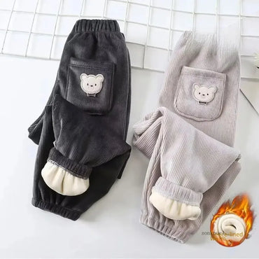 Kids Fleece-Lined Corduroy Harem Pants – Warm Autumn Winter Unisex Bear Print Casual Trousers