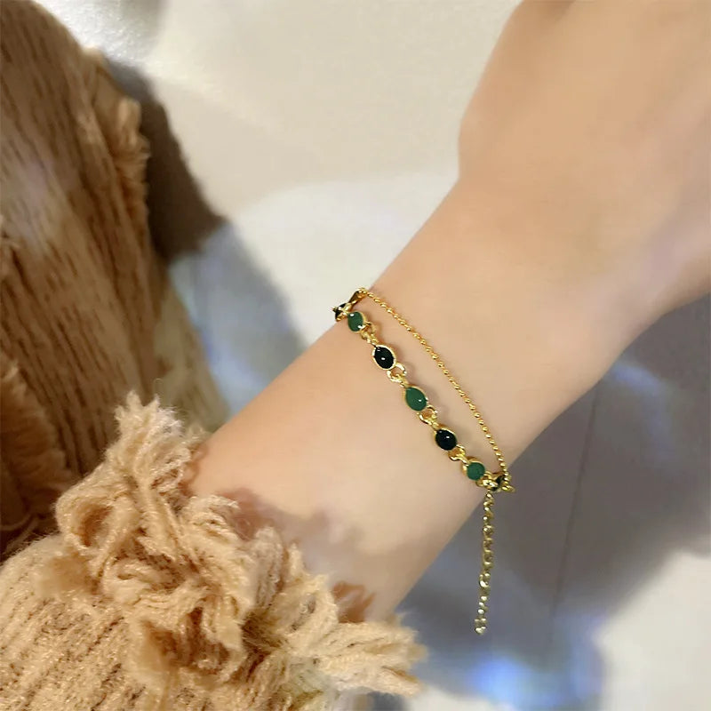 Double Layered Crystal Charm Bracelet for Women – Adjustable Beaded Gold Copper Alloy Jewelry Gift