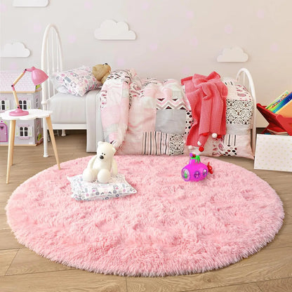 VIKAMA Pink Round Carpet Fluffy Soft Area Floor Mat Children Girls Room Princess Castle Plush Carpet Living Room Home Decor