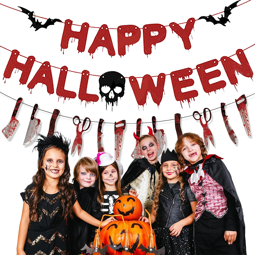 Halloween Banner & Bloody Butcher Knife Paper Garland Set – Happy Halloween Sign & Killer Tools Garland for Haunted House & Party Decor