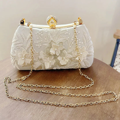 Embroidered Lace Flower Clutch Bag with Pearl Chain Strap - Off White Evening and Wedding Purse