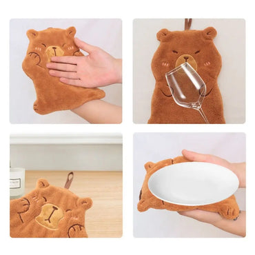 Cartoon Capybara Coral Velvet Hand Towel - Wall-Mounted Absorbent Kids Washcloth & Kitchen Rag, 28 x 34 cm (11.02 x 13.39 in)