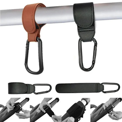 2-Pack PU Leather Stroller Hooks – Adjustable Pram Bag Hangers, Universal Diaper Bag Organizer