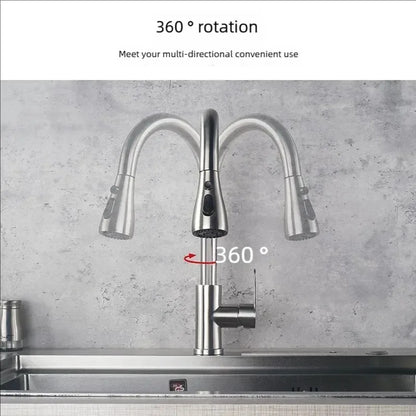 Pull-Out Kitchen Faucet 304 Stainless Steel Deck-Mounted Mixer Tap, Single-Handle Hot & Cold with Brushed Pull-Down Spray