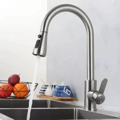 Pull-Out Kitchen Faucet 304 Stainless Steel Deck-Mounted Mixer Tap, Single-Handle Hot & Cold with Brushed Pull-Down Spray