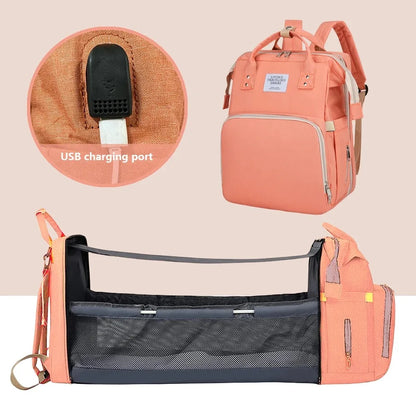 Foldable Diaper Bag with Portable Folding Crib Bed Lightweight Large-Capacity Baby Backpack