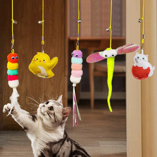 Adjustable Hanging Feather Cat Toy for Door – Elastic Rope Interactive Teaser for Cats & Small Dogs 10–65 in (25–165 cm)