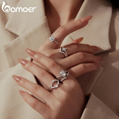 Bamoer Moissanite Four-Leaf Clover Ring Lucky 925 Sterling Silver D