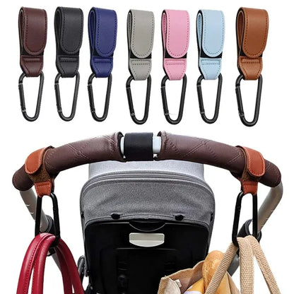 2-Pack PU Leather Stroller Hooks – Adjustable Pram Bag Hangers, Universal Diaper Bag Organizer
